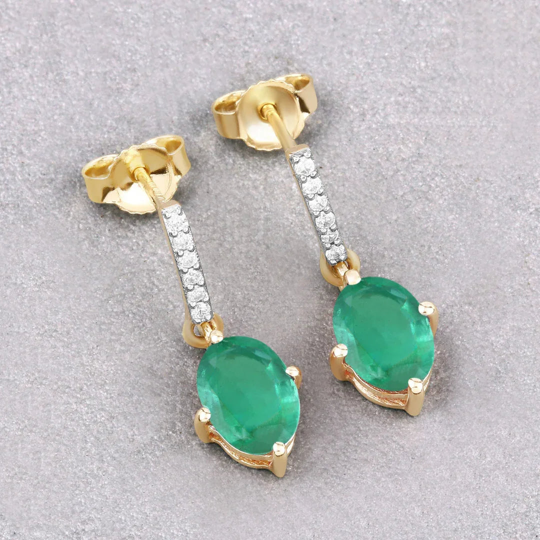 1.44 Ct Oval Green Zambian Emerald Diamond Prong 10K Gold Dangle Earrings