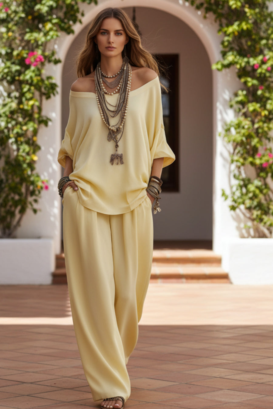 Women's Oversized Batwing Sleeve V-Neck Top & Barrel Wide-Leg Pants Boho Set