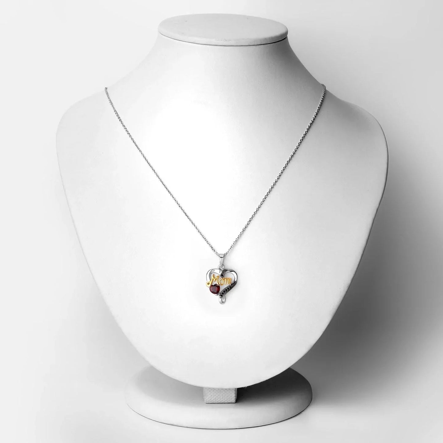 Heart Red Garnet Prong Silver Mom Heart Pendant Necklace