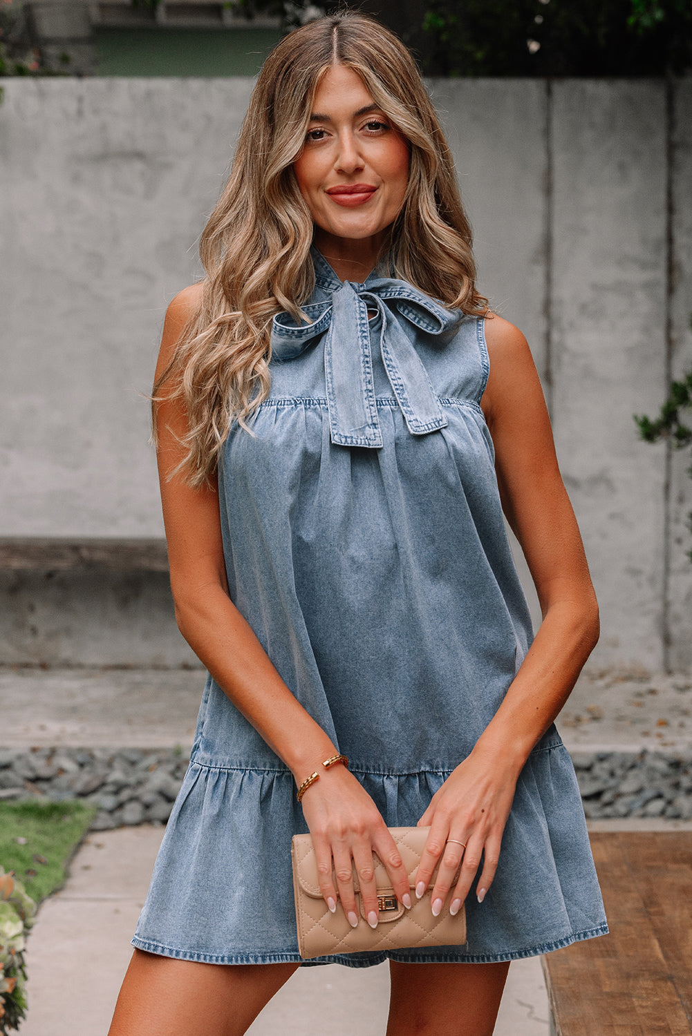 Threaded Pear Clare Sleeveless Ruffled Chambray Dress
