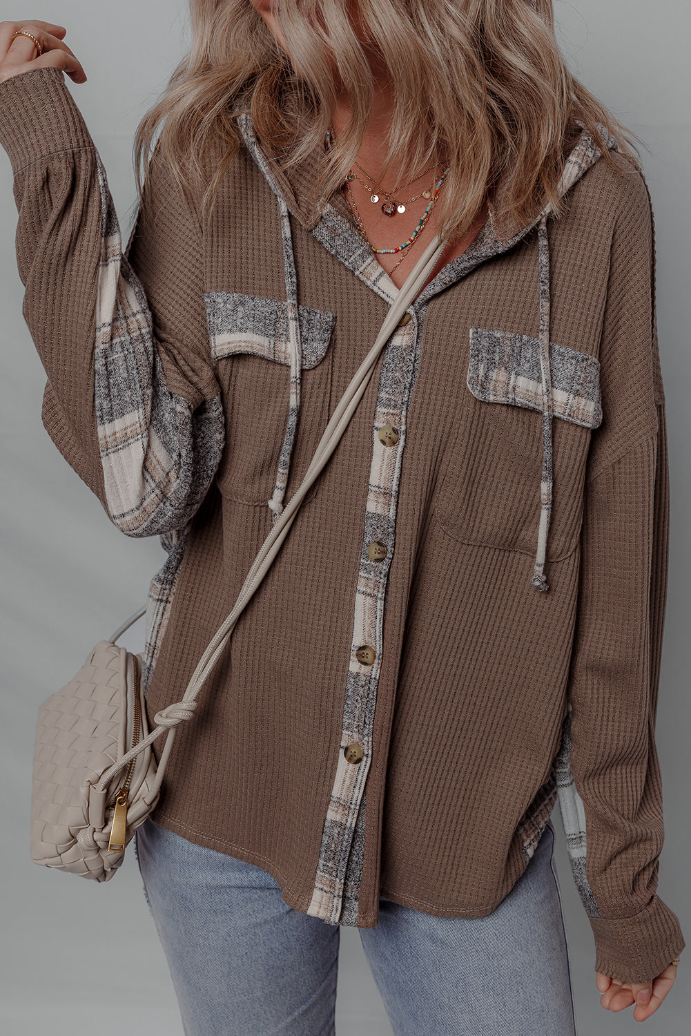 Threaded Pear Marceline Down Drawstring Hooded Shacket