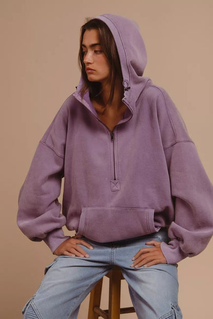 BiBi Stitch Detailed Elastic Hem Half Zip Fleece Hoodie