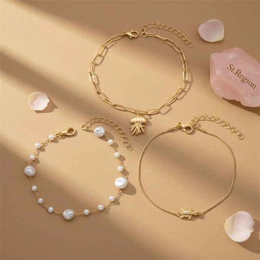 Baroque Pearl & Goldtone Jellyfish Turtle Charm Anklet Set