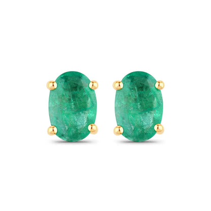 0.88 Ct Oval Green Zambian Emerald Prong 10K Gold Stud Earrings