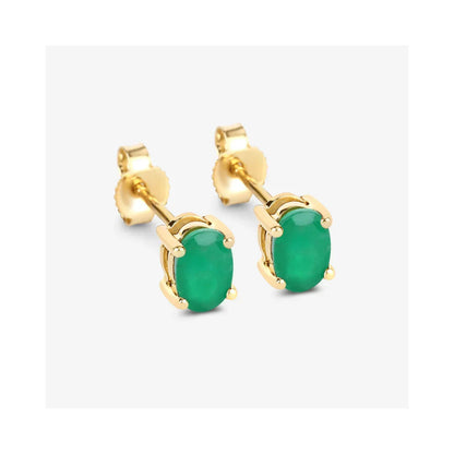 0.88 Ct Oval Green Zambian Emerald Prong 10K Gold Stud Earrings