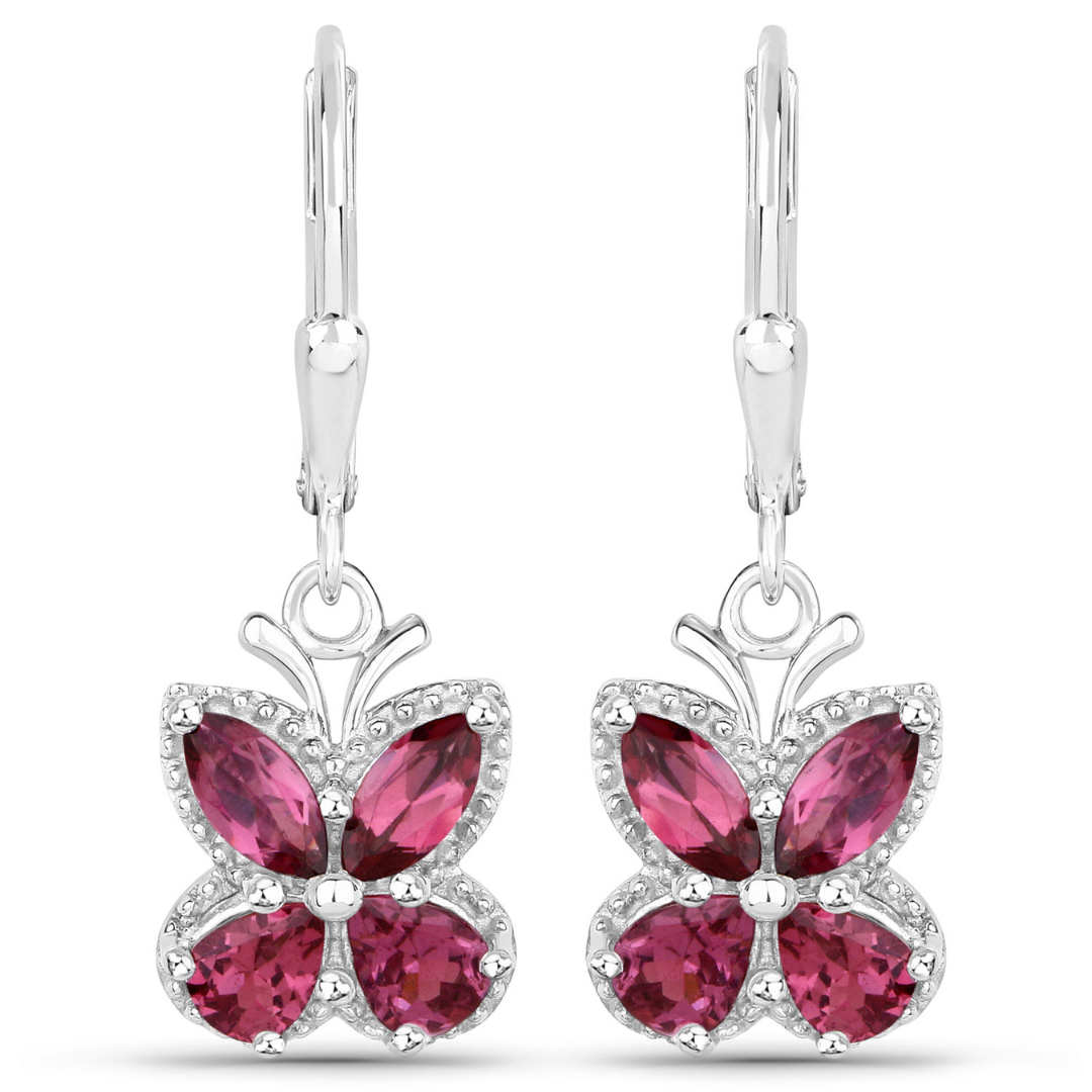 2.52 Ct Red Rhodolite Garnet Prong Silver Butterfly Leverback Earrings