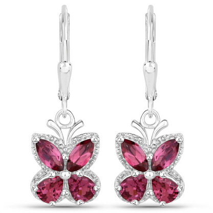 2.52 Ct Red Rhodolite Garnet Prong Silver Butterfly Leverback Earrings