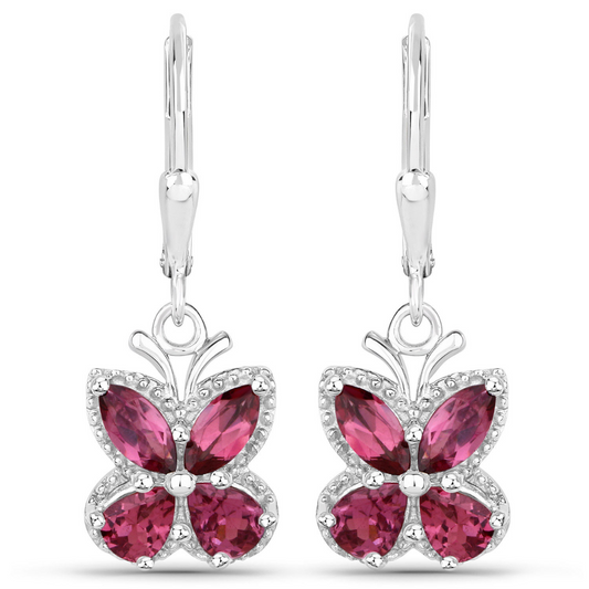 2.52 Ct Red Rhodolite Garnet Prong Silver Butterfly Leverback Earrings