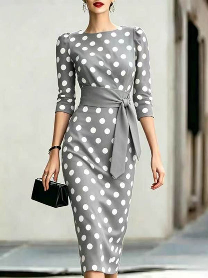Women's Retro Polka-Dot Bodycon Midi Dress – Belted Cross-Tie
