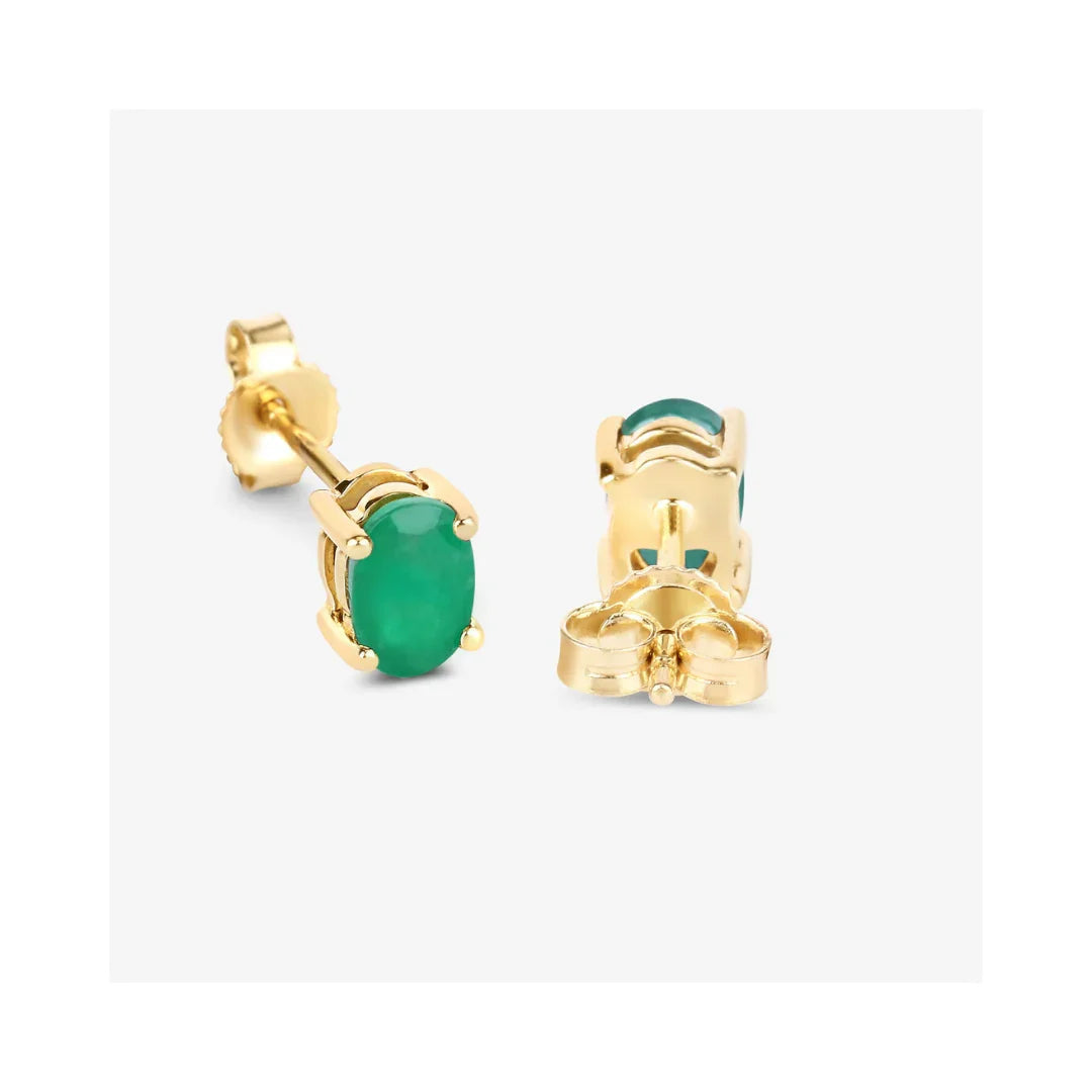 0.88 Ct Oval Green Zambian Emerald Prong 10K Gold Stud Earrings