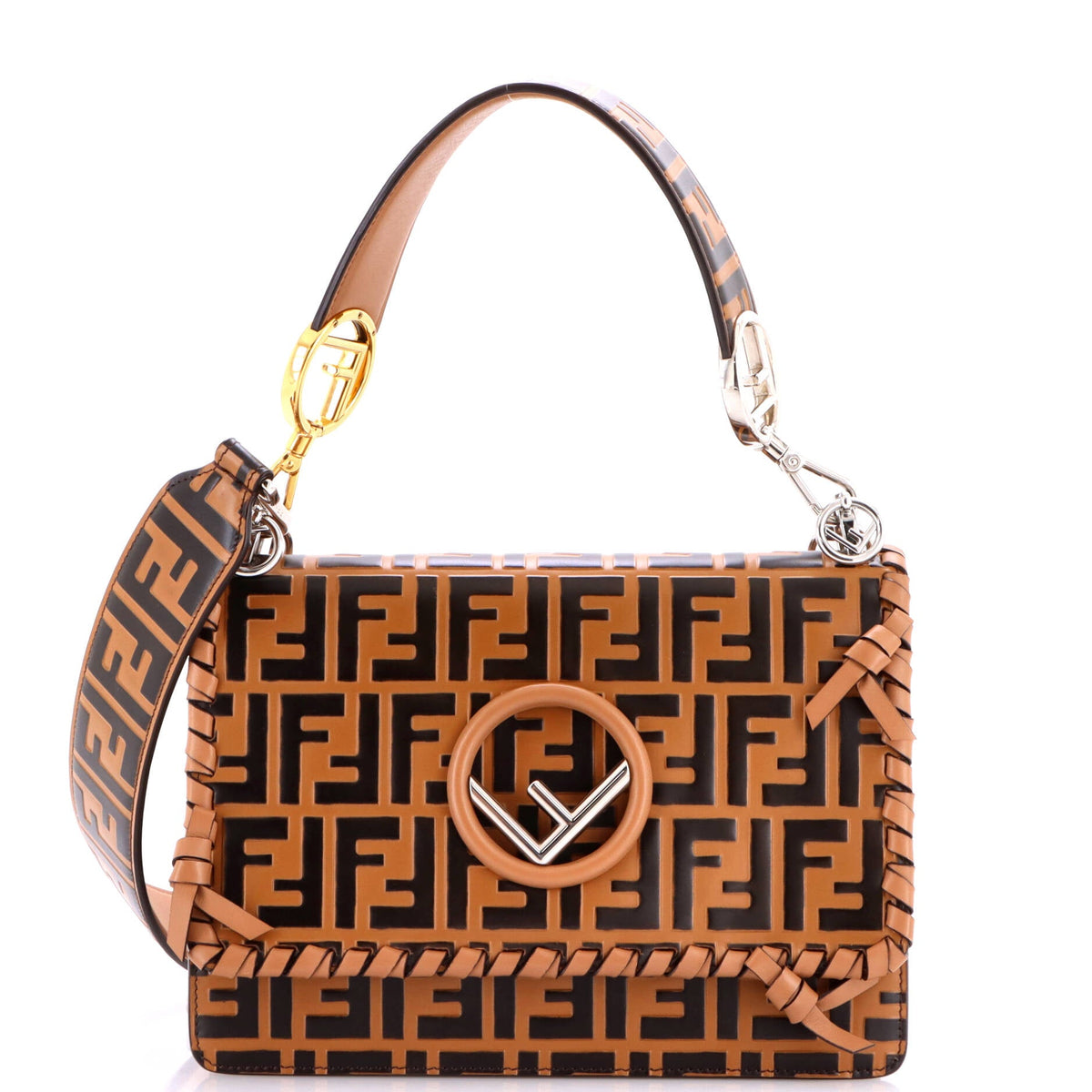 Kan I F Shoulder Bag Whipstitch Zucca Embossed Leather Medium