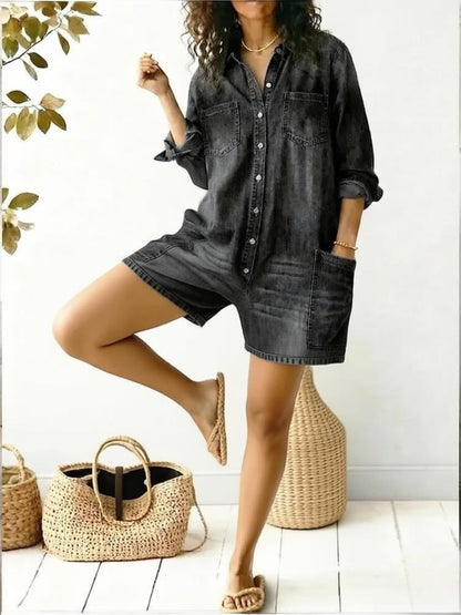 Women's Faux Denim Print Jumpsuit Shorts – Loose Fit, 3D Print, Elastic Waist