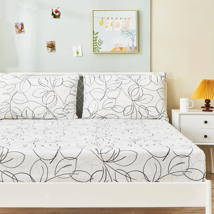 Tache Modern Abstract Leaf Line Art Foliage White Grey Black Gold Fitted Sheet / Flat Sheet (TJ3571)