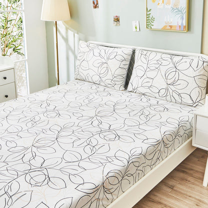 Tache Modern Abstract Leaf Line Art Foliage White Grey Black Gold Fitted Sheet / Flat Sheet (TJ3571)