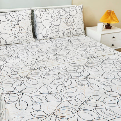 Tache Modern Abstract Leaf Line Art Foliage White Grey Black Gold Fitted Sheet / Flat Sheet (TJ3571)
