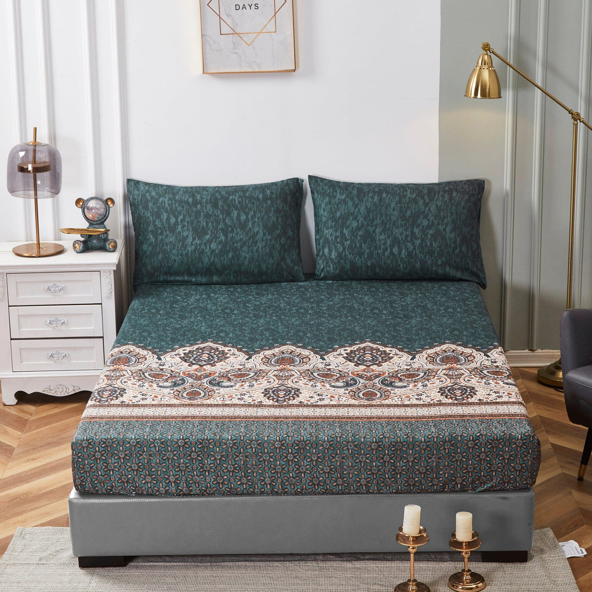 Tache Rustic Paisley Mandala Palace Floral Watercolor Dark Teal Fitted Sheet / Flat Sheet (KF174)