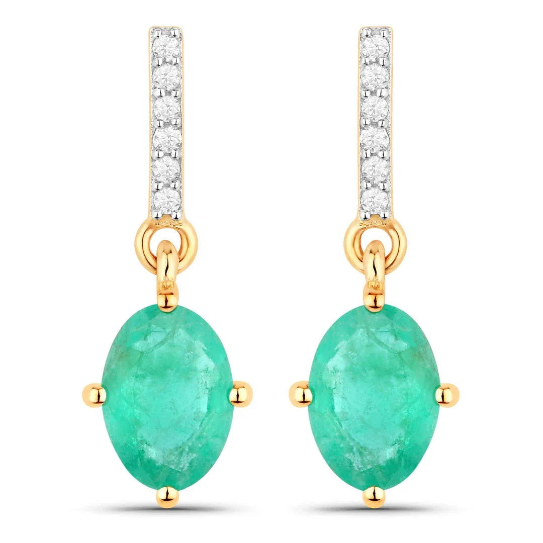1.44 Ct Oval Green Zambian Emerald Diamond Prong 10K Gold Dangle Earrings