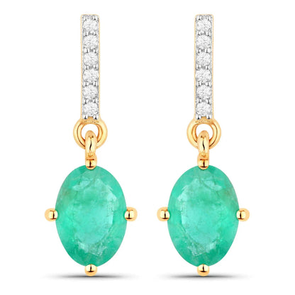 1.44 Ct Oval Green Zambian Emerald Diamond Prong 10K Gold Dangle Earrings