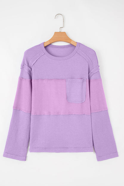 Threaded Pear Sawyer Contrast Textured Patchwork Long Sleeve Top