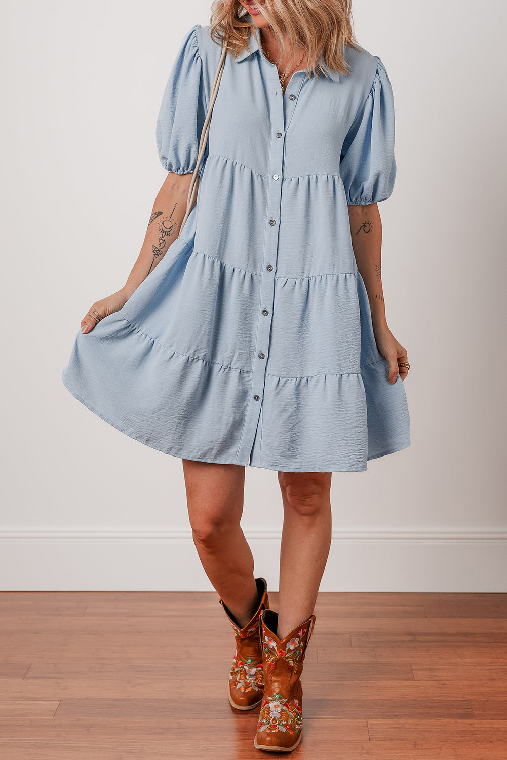 Threaded Pear Arya Shirt Collar Button Up Puff Sleeve Tiered Dress