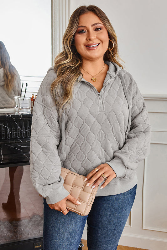 Threaded Pear Gray Quilted Quarter Zip Plus Size Hoodie