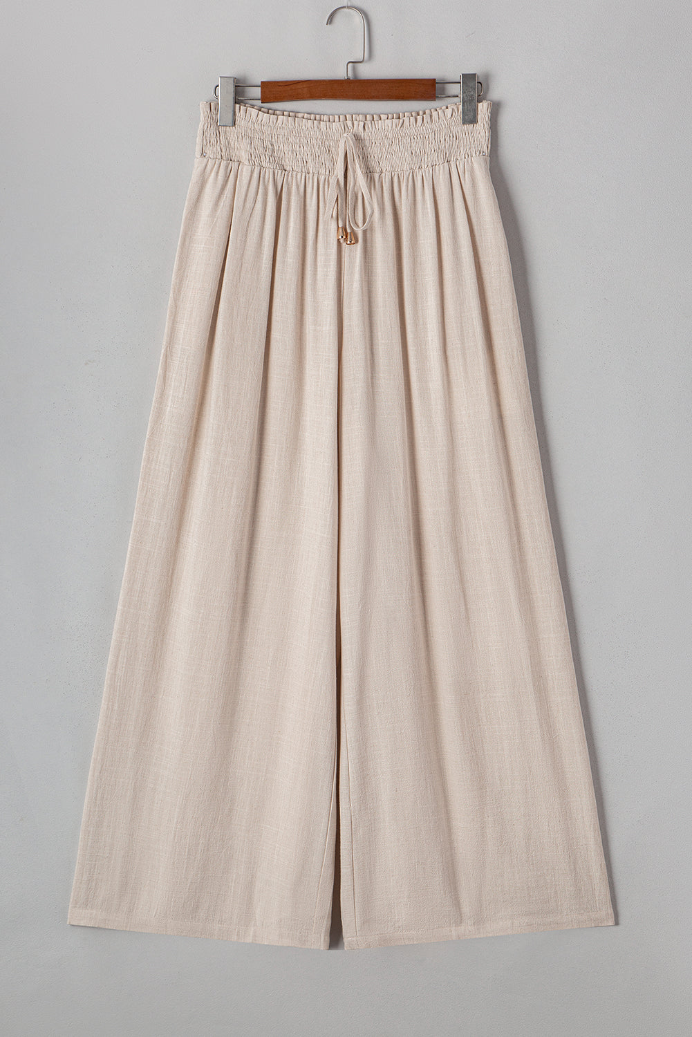 Beige Frill Smocked Waist Wide Leg Plus Size Pants