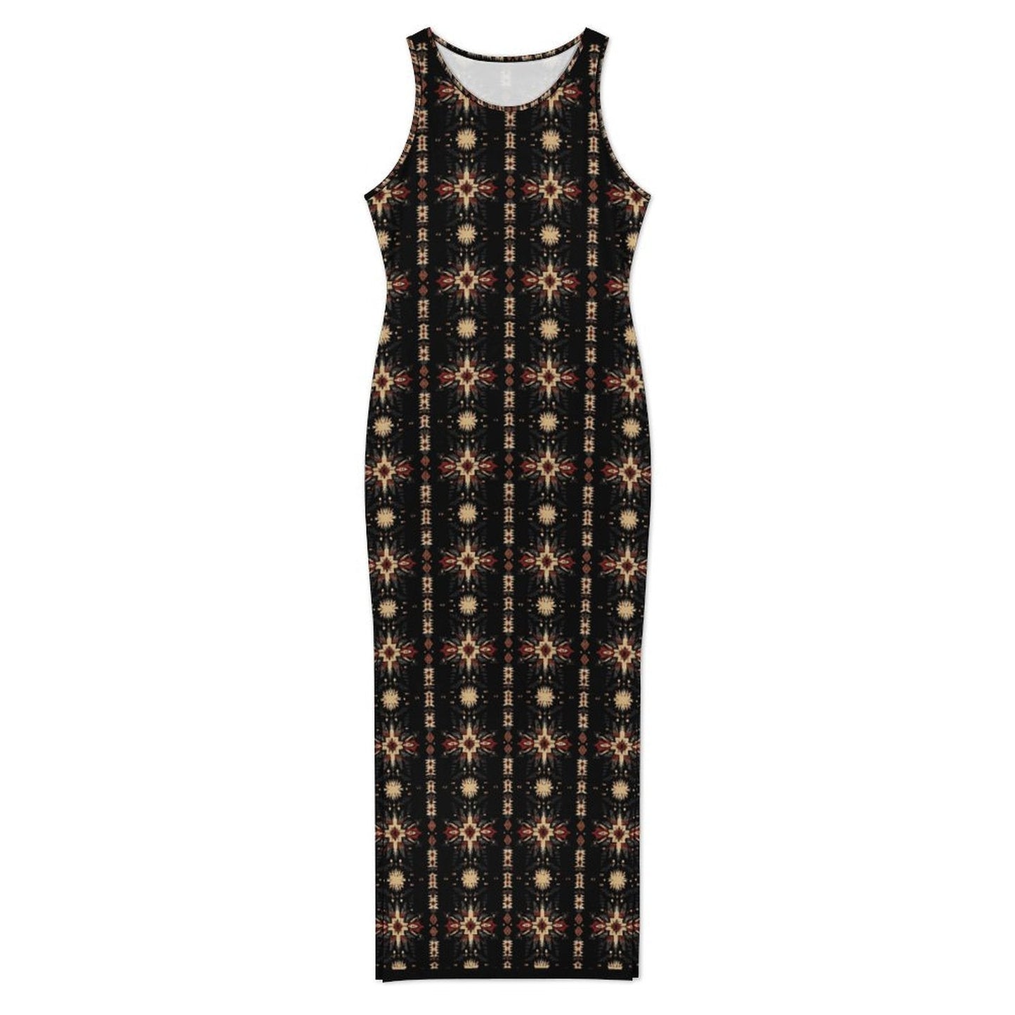 Baha Ranch Black and Tan Aztec Sleeveless Bodycon Side Slit Maxi Dress