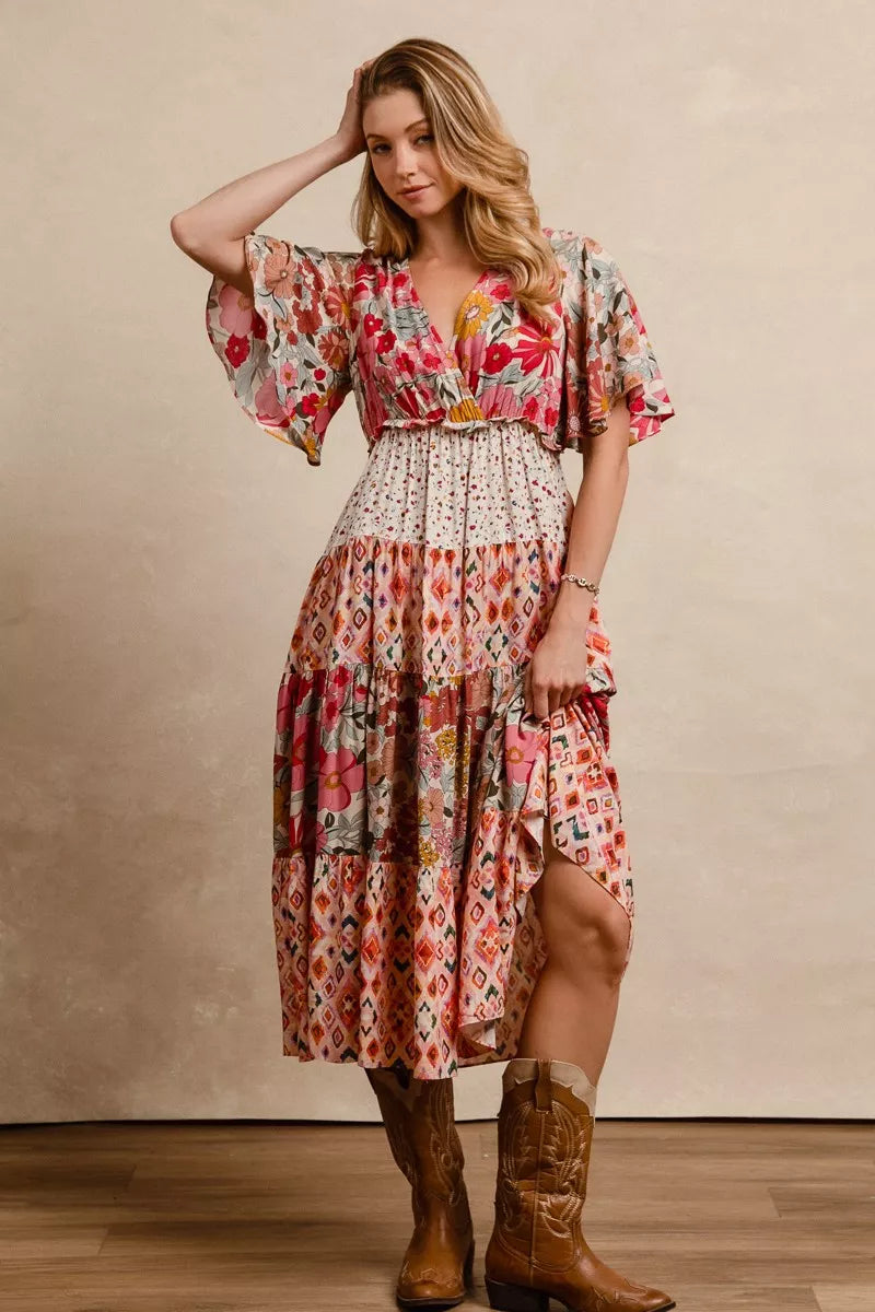 BiBi Floral Print Mix and Match Midi Dress