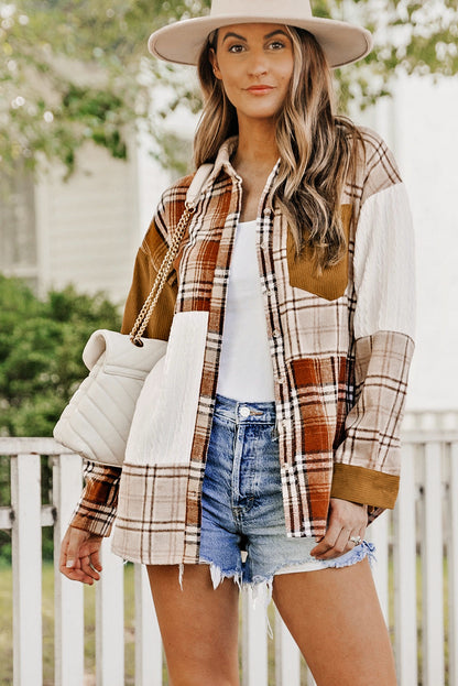 Threaded Pear Sutton Plaid Color Block Patchwork Shirt Jacket with Pocket