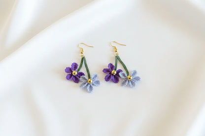 Handmade Purple & Blue Floral Crochet Dangle Earrings for Women
