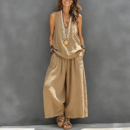 Women’s Cotton Linen Sleeveless Tank Top and Wide-Leg Pants Set