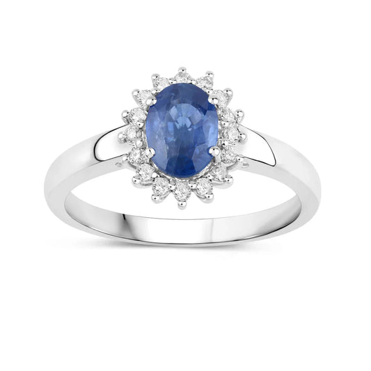 0.95 Ct Oval Blue Sapphire Diamond Prong 10k Gold Halo Ring