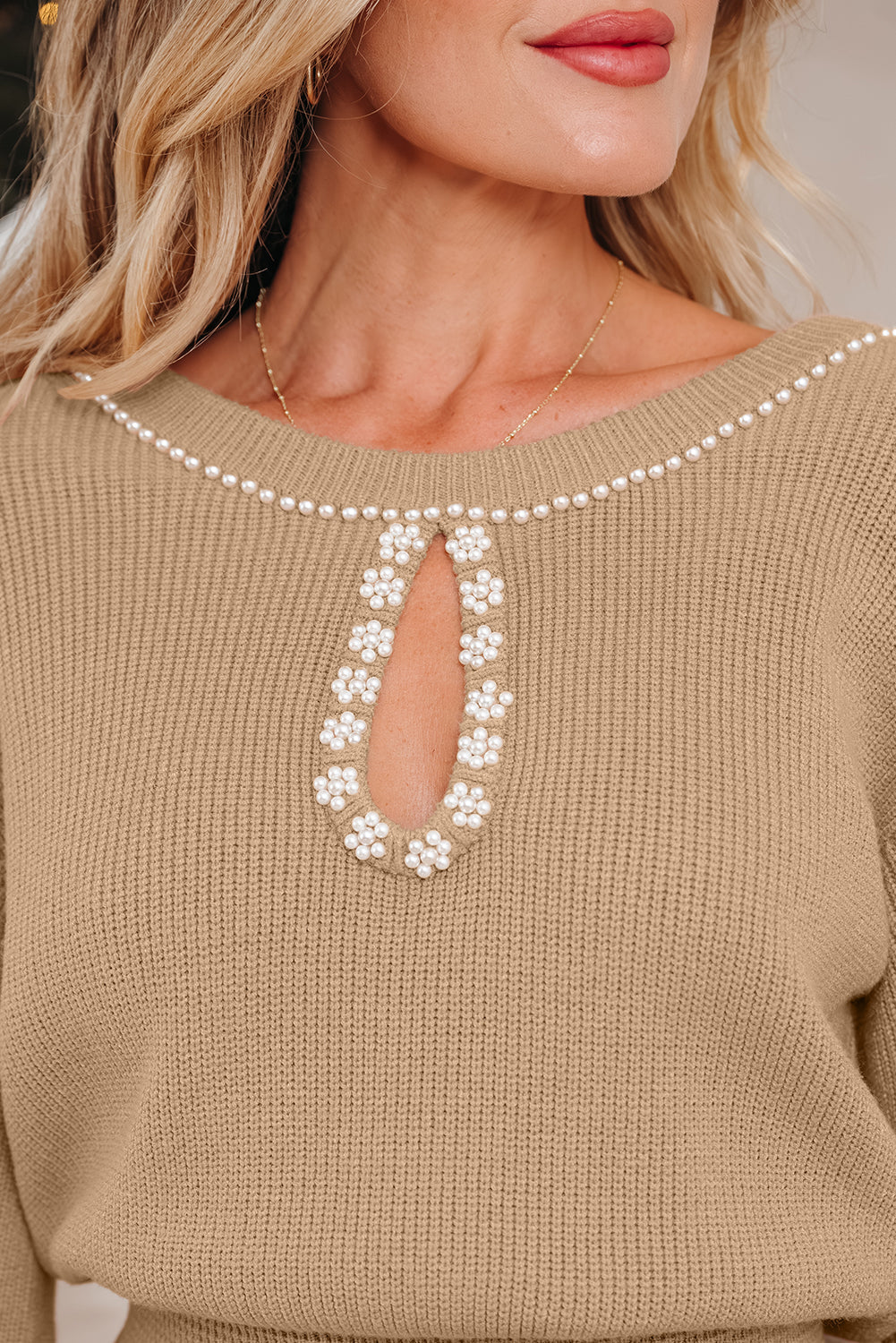 Threaded Pear Zariah Embellished Keyhole Ribbed Sweater