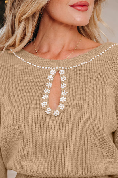 Threaded Pear Zariah Embellished Keyhole Ribbed Sweater