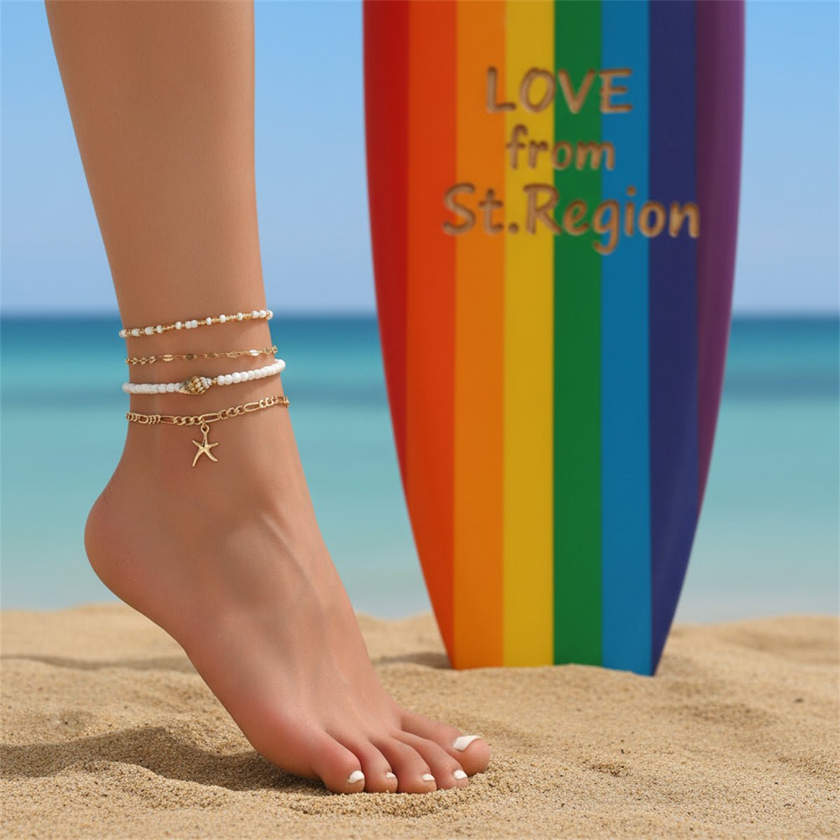 White Howlite & Shell Acrylic Goldtone Starfish Charm Anklet Set
