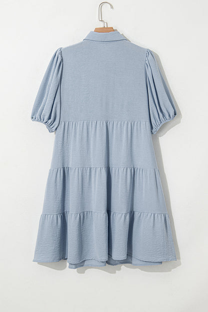 Threaded Pear Arya Shirt Collar Button Up Puff Sleeve Tiered Dress