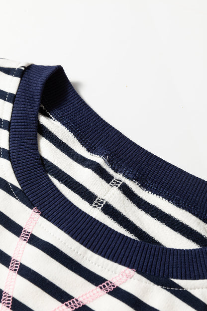 Threaded Pear Blue Stripe Contrast Stitched Detail Color Block Patchwork Plus Size Sweatshirt
