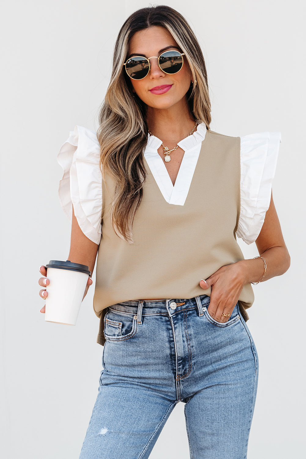 Threaded Pear Serena Contrast V Neck Ruffled Textured Knit Top