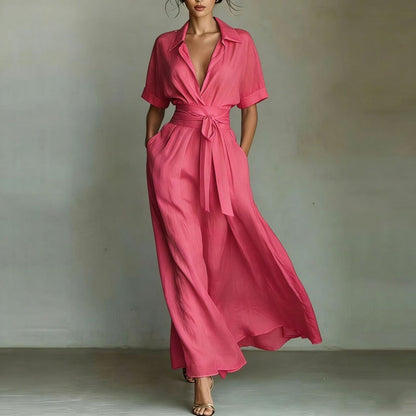 Women's Solid Color Waist-Slimming Maxi Dress — Flip Collar