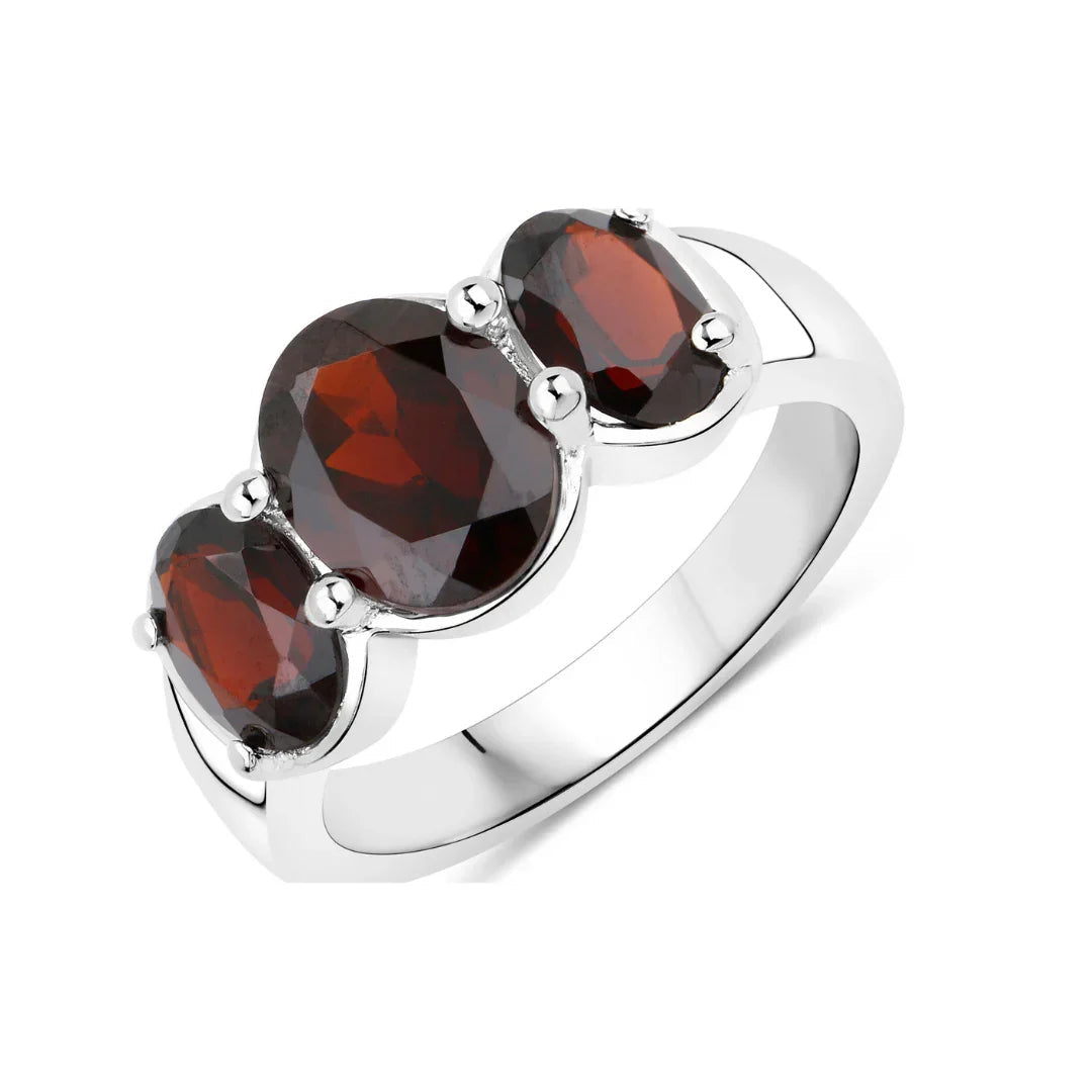 3.70 Ct Oval Red Garnet Prong Silver Three Stone Ring