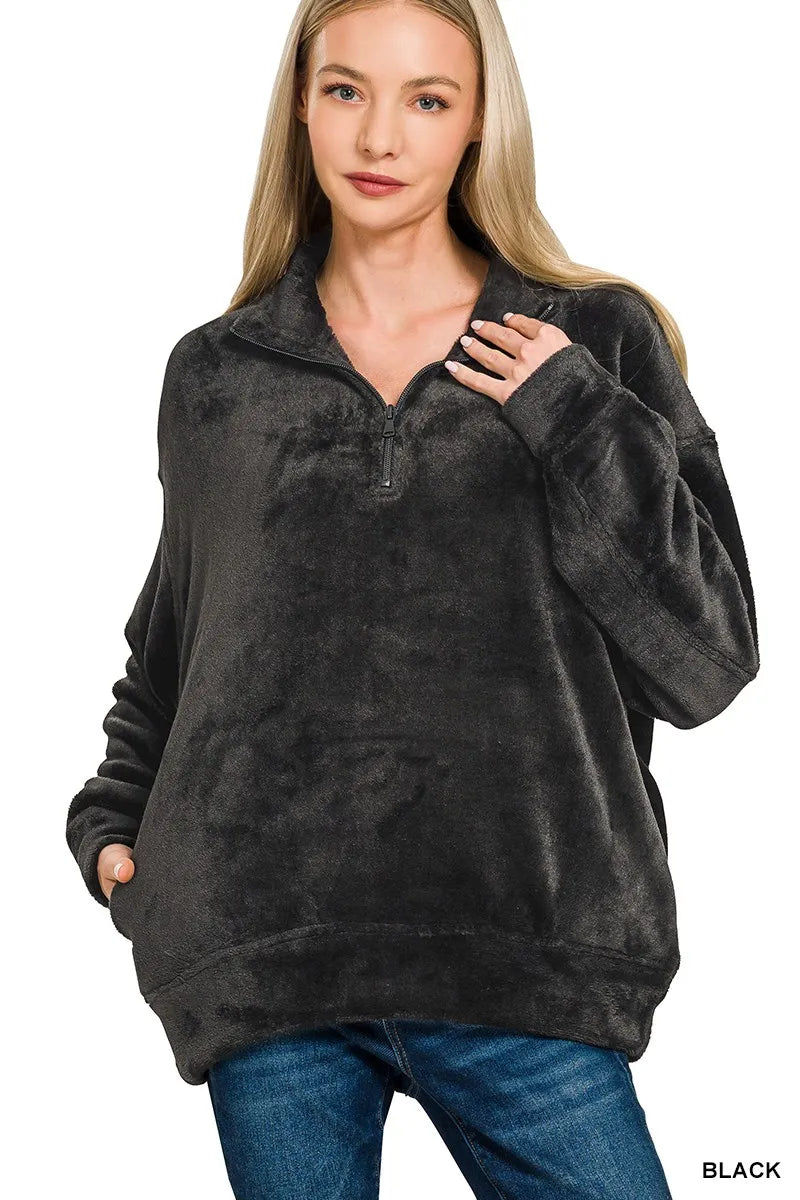 Zenana Faux Fur Half Zip Pocket Pullover