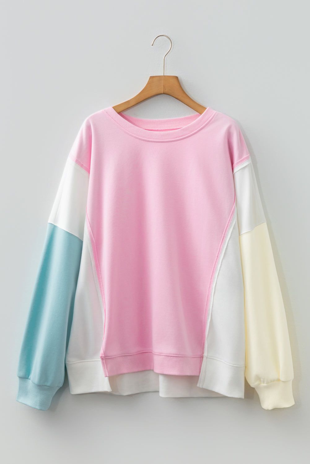 Threaded Pear Pink Colorblock Patchwork Drop Shoulder Plus Size Sweatshirt