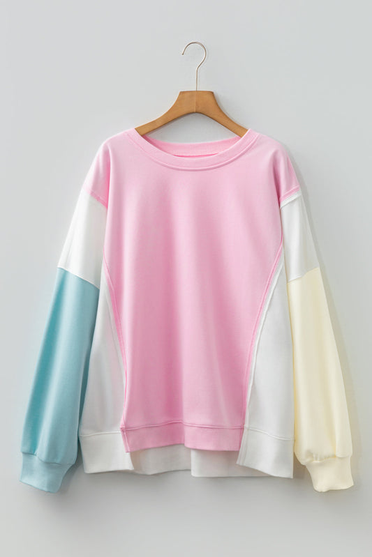 Threaded Pear Pink Colorblock Patchwork Drop Shoulder Plus Size Sweatshirt