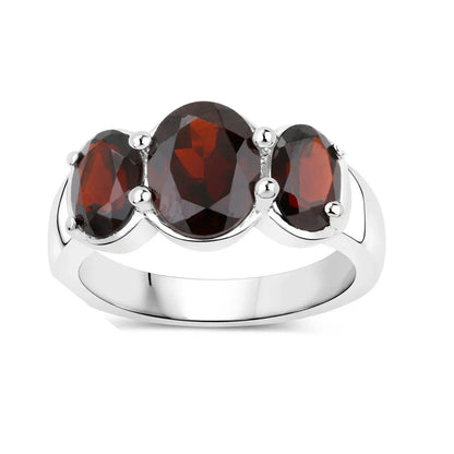 3.70 Ct Oval Red Garnet Prong Silver Three Stone Ring