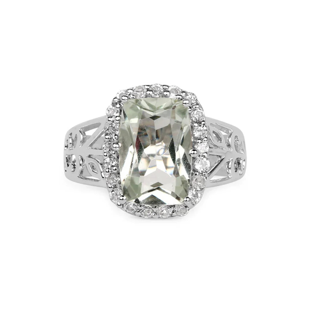 3.94 Ct Cushion Green Amethyst and White Topaz Prong Silver Halo Bold Ring