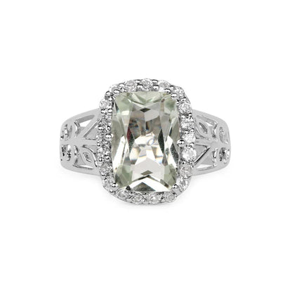 3.94 Ct Cushion Green Amethyst and White Topaz Prong Silver Halo Bold Ring