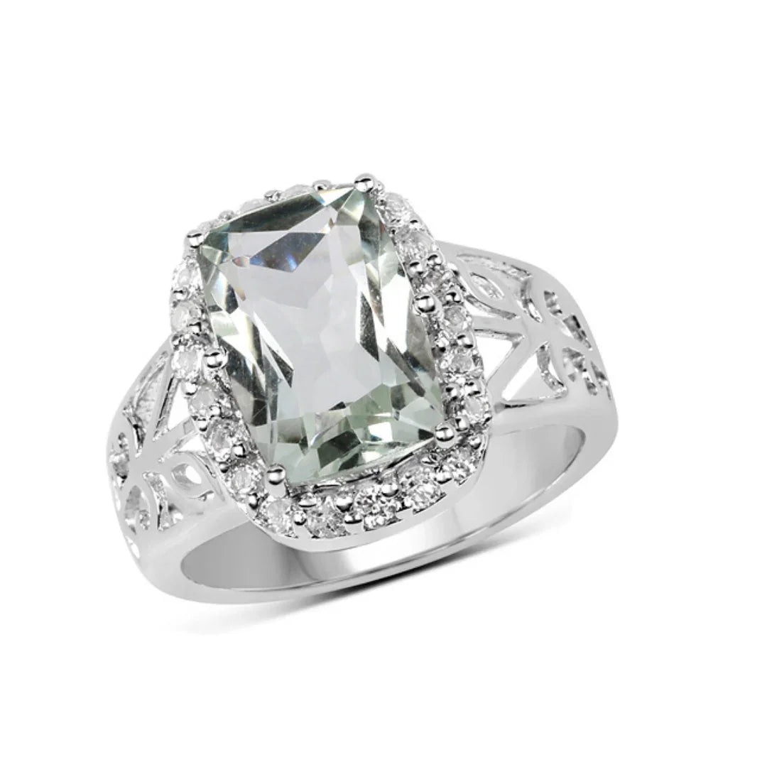 3.94 Ct Cushion Green Amethyst and White Topaz Prong Silver Halo Bold Ring
