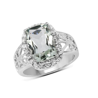 3.94 Ct Cushion Green Amethyst and White Topaz Prong Silver Halo Bold Ring