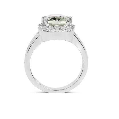 3.94 Ct Cushion Green Amethyst and White Topaz Prong Silver Halo Bold Ring