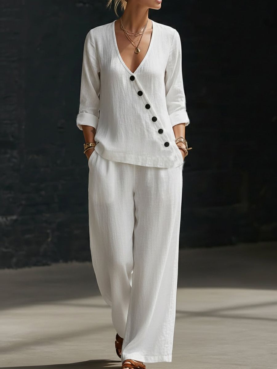 Women's V-Neck Diagonal Button Placket Cotton-Linen Shirt & Wide-Leg Pants Set